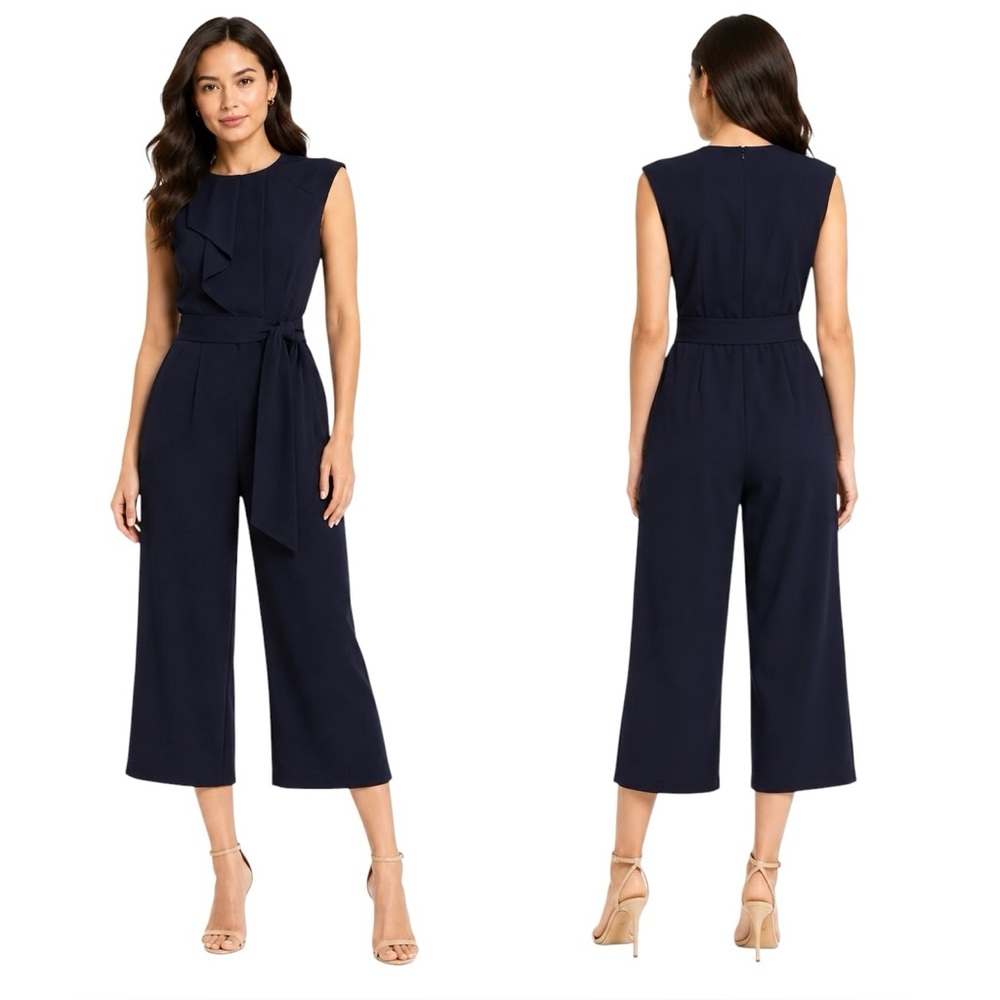 Maggy London London Times Navy Ruffle Jumpsuit NWT Size 8 Wide Leg Cropped Pants